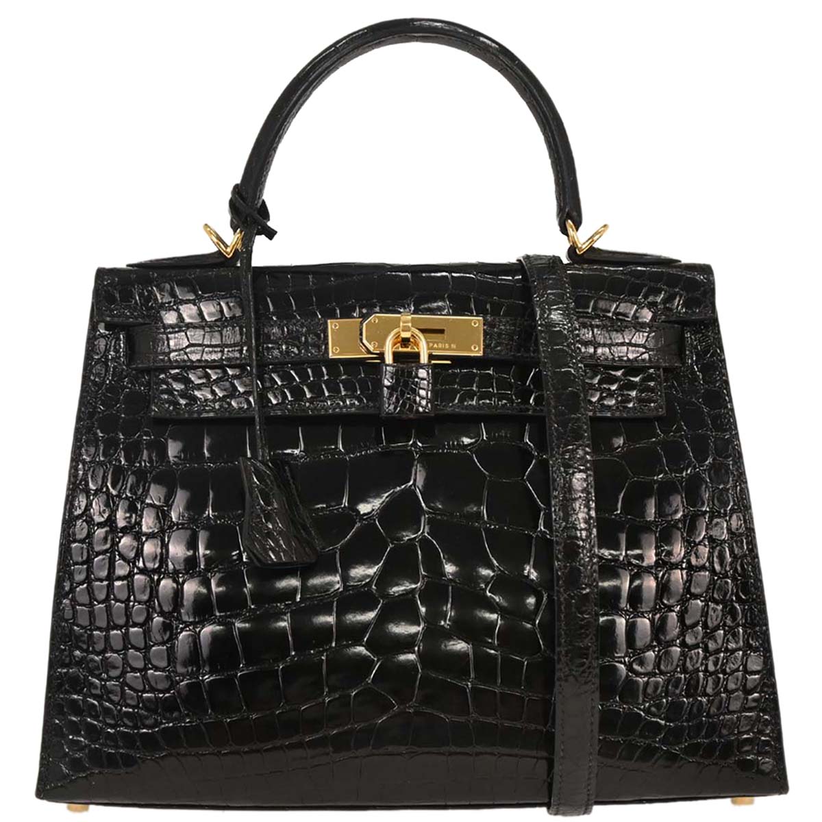 Hermes * Black Alligator Kelly 28 Sellier 2way Shoulder Handbag