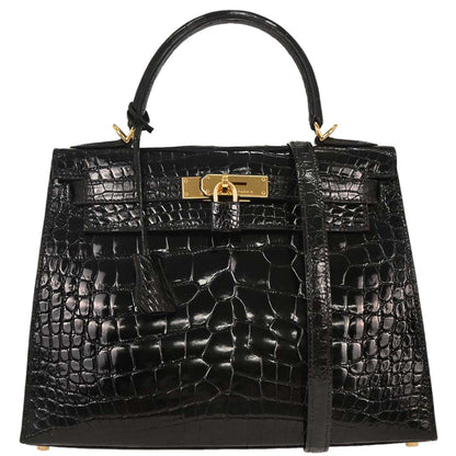 Hermes * Black Alligator Kelly 28 Sellier 2way Shoulder Handbag