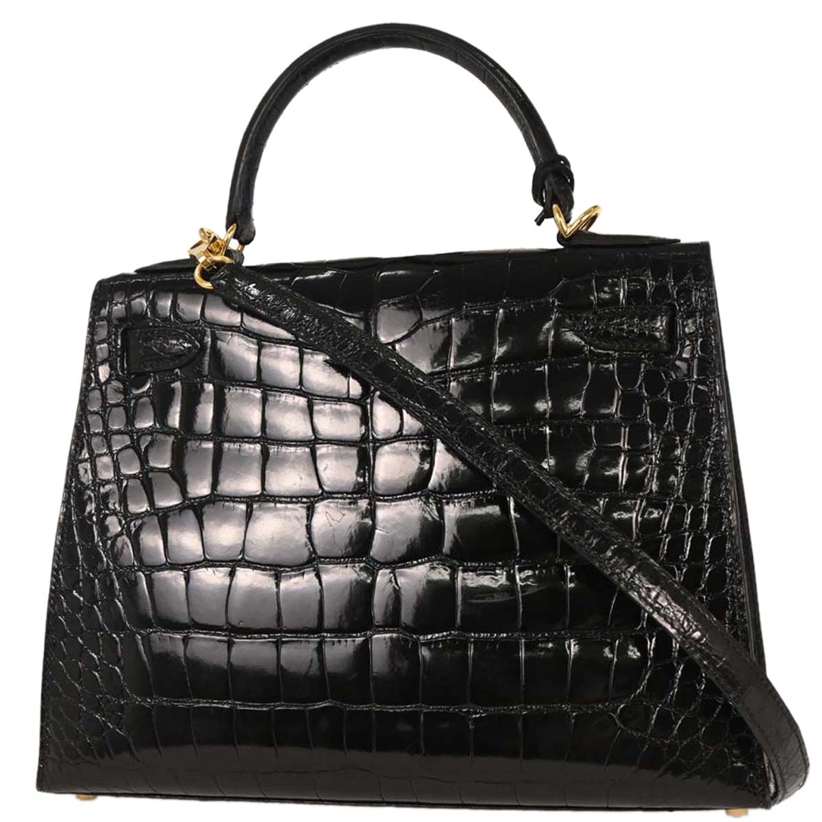 Hermes * Black Alligator Kelly 28 Sellier 2way Shoulder Handbag