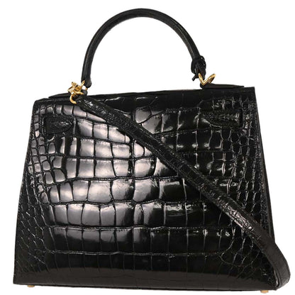 Hermes * Black Alligator Kelly 28 Sellier 2way Shoulder Handbag
