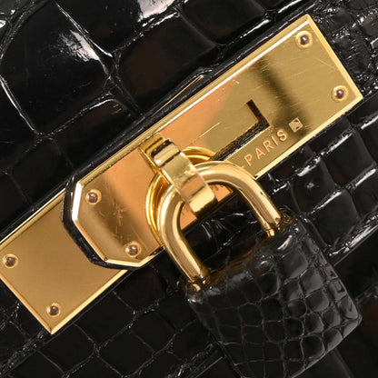 Hermes * Black Alligator Kelly 28 Sellier 2way Shoulder Handbag