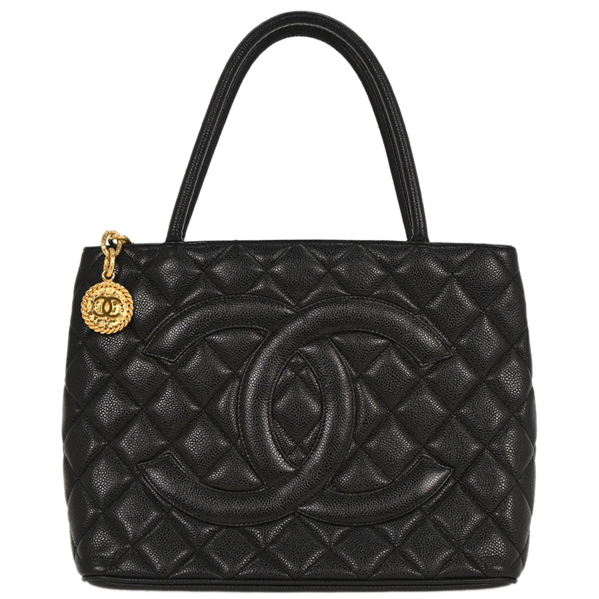 Chanel 2002-2003 Black Caviar Medallion Tote Handbag
