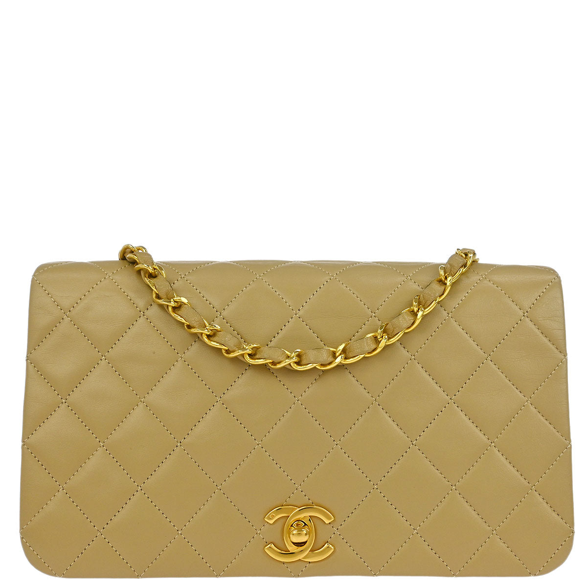 Chanel 1989-1991 Beige Lambskin Turnlock Small Full Flap Shoulder Bag