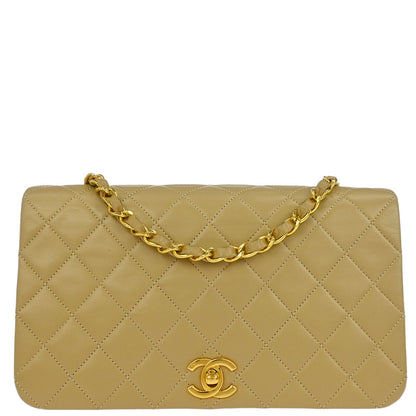 Chanel 1989-1991 Beige Lambskin Turnlock Small Full Flap Shoulder Bag
