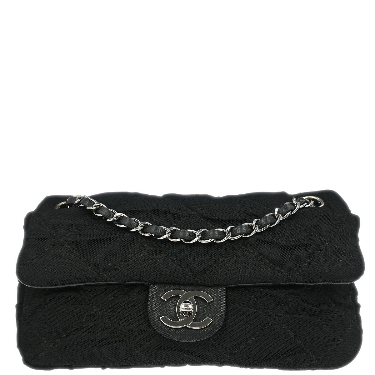 Chanel 2006-2008 Black Nylon Mesh Lambskin Single Flap Shoulder Bag