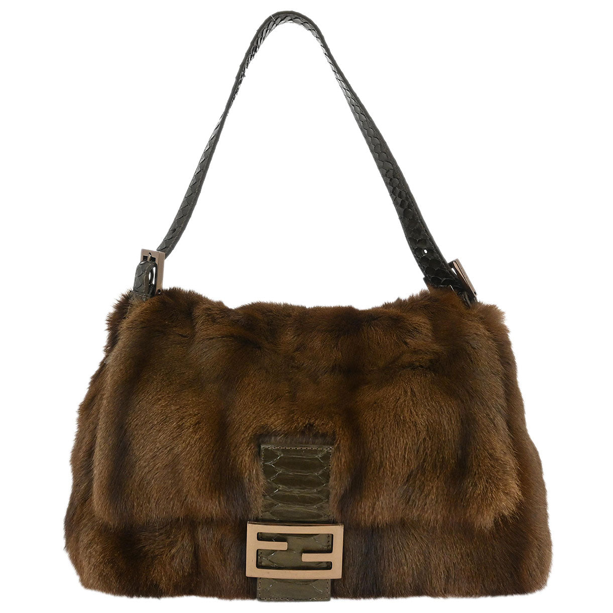 Fendi * Brown Fur へび Mamma Baguette Handbag