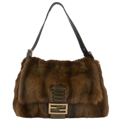 Fendi * Brown Fur へび Mamma Baguette Handbag