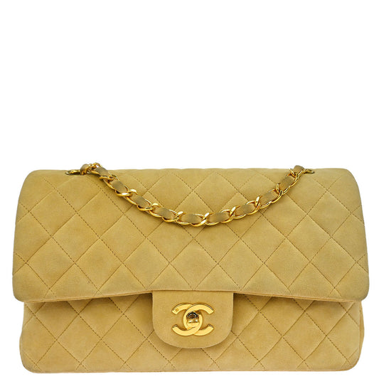 Chanel 1991-1994 Beige Suede Medium Classic Double Flap Shoulder Bag