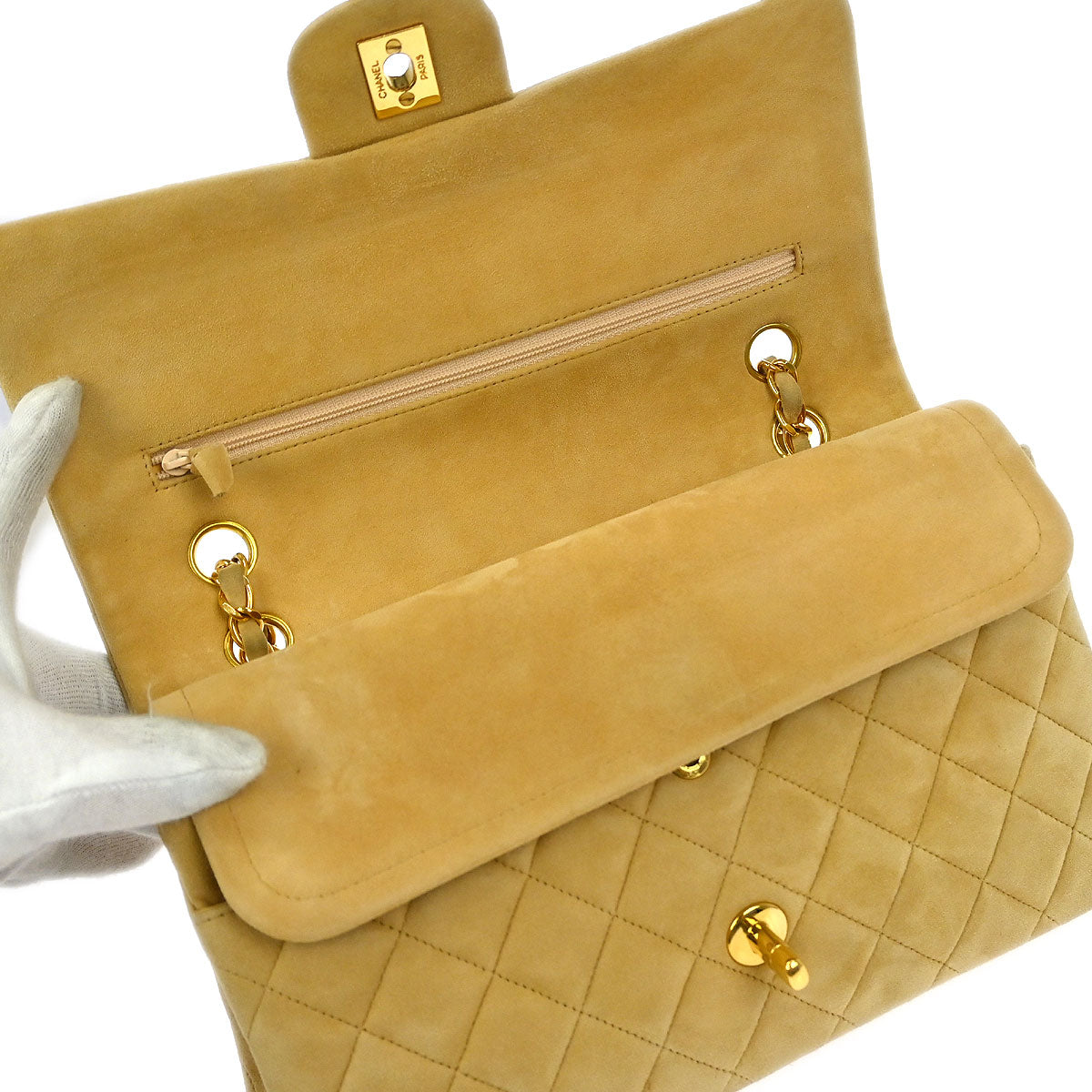 Chanel 1991-1994 Beige Suede Medium Classic Double Flap Shoulder Bag