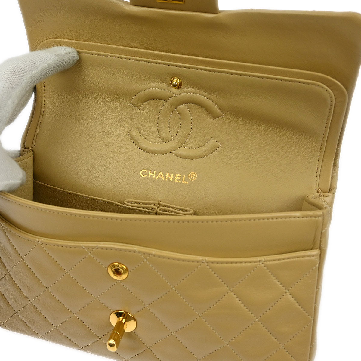 Chanel Beige Lambskin Small Classic Double Flap Shoulder Bag