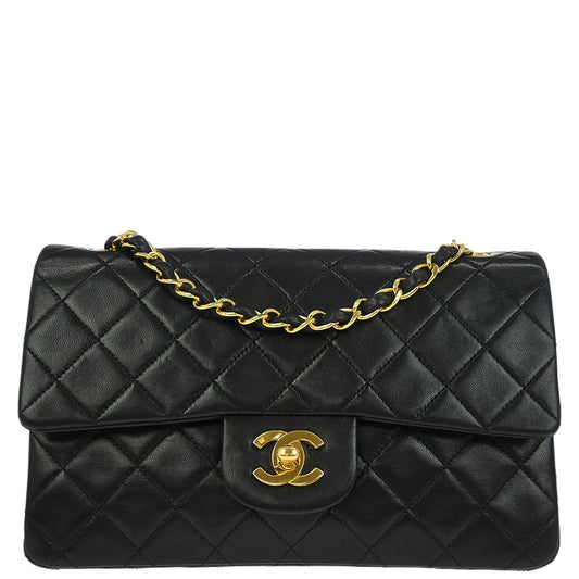 Chanel 1989-1991 Black Lambskin Small Classic Double Flap Shoulder Bag