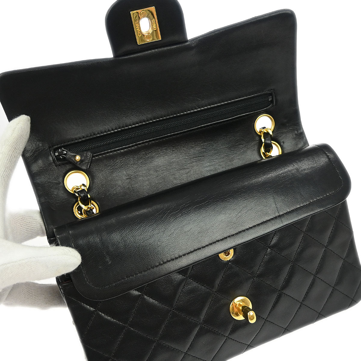 Chanel 1989-1991 Black Lambskin Small Classic Double Flap Shoulder Bag