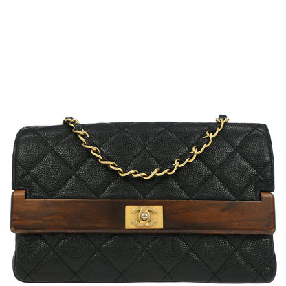 Chanel Black Caviar Wood Straight Flap Shoulder Bag