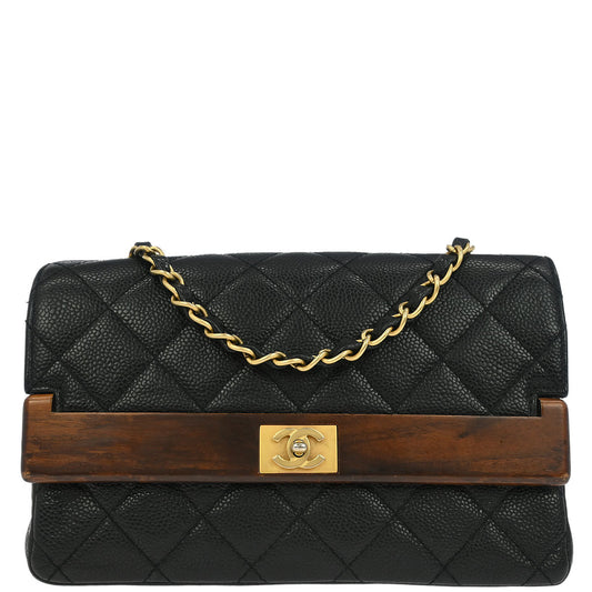 Chanel Black Caviar Wood Straight Flap Shoulder Bag