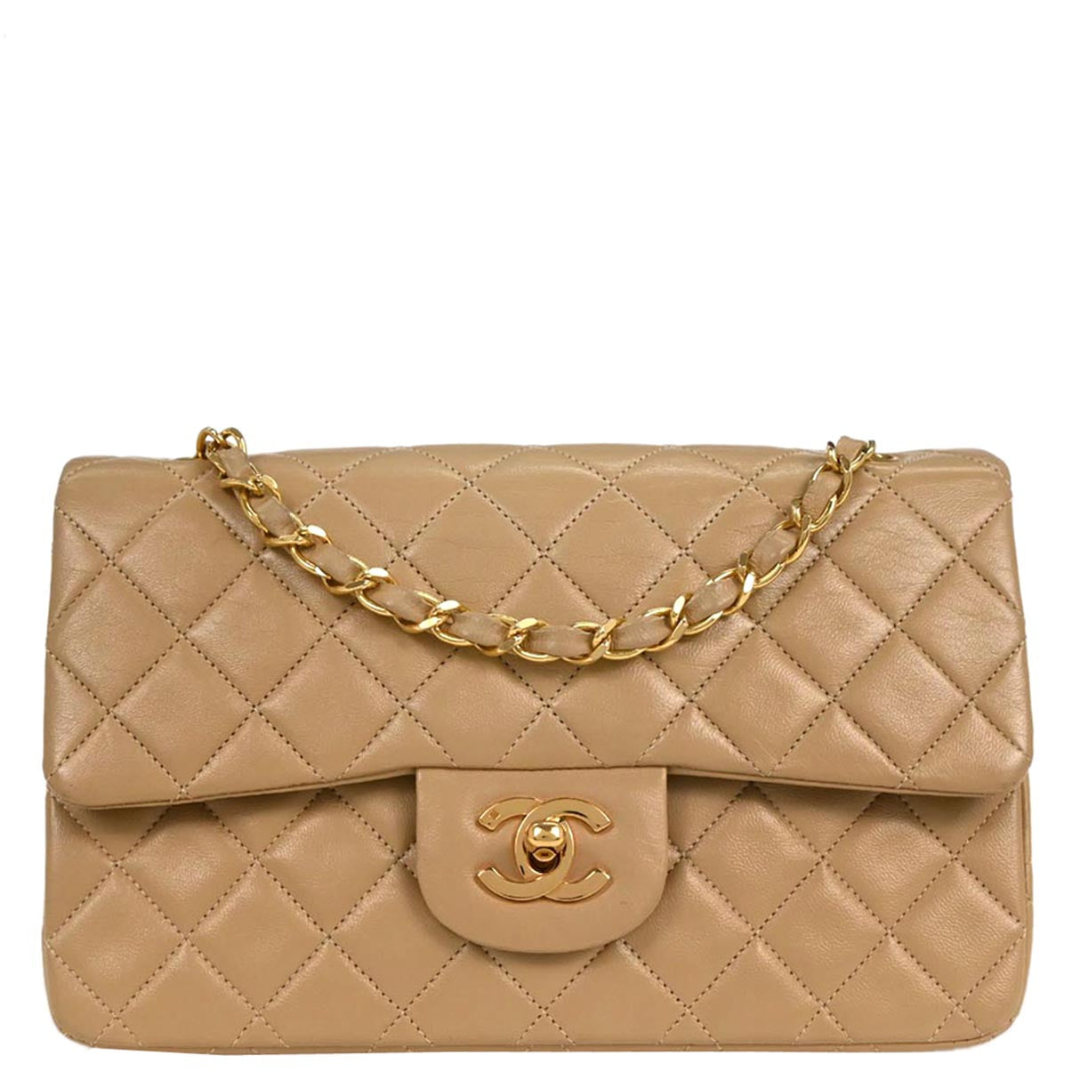 Chanel 1989-1991 Beige Lambskin Small Classic Double Flap Shoulder Bag