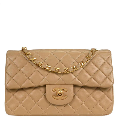 Chanel 1989-1991 Beige Lambskin Small Classic Double Flap Shoulder Bag