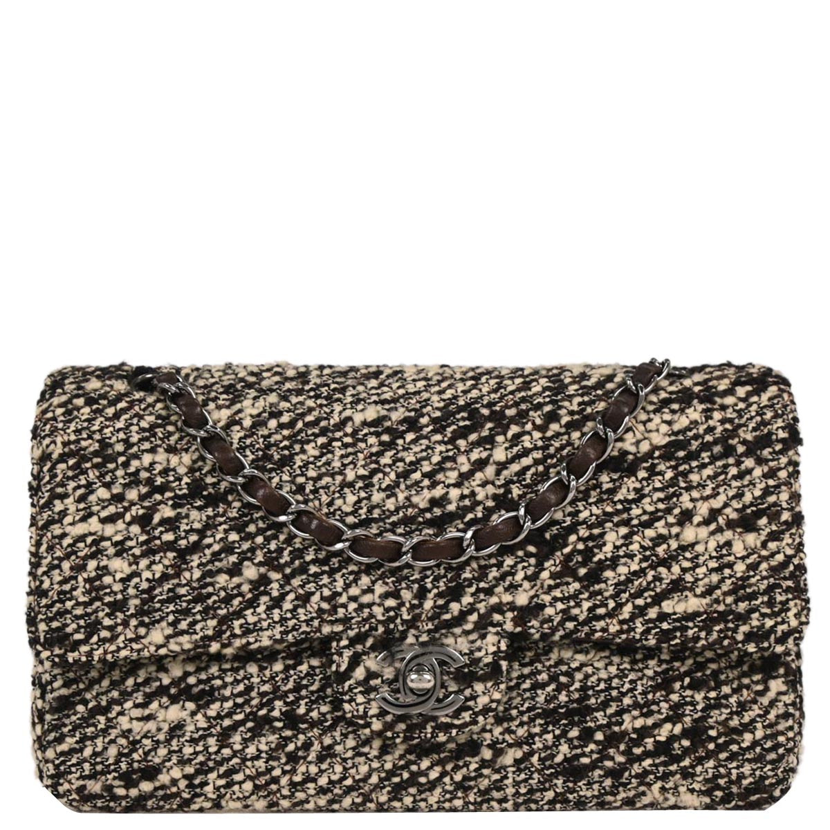 Chanel 2005-2006 Brown Tweed Medium Classic Double Flap Shoulder Bag