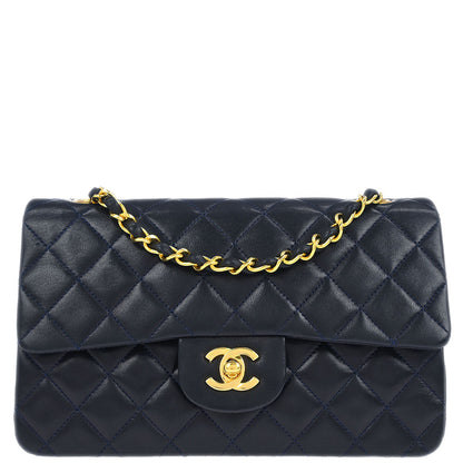 Chanel 1989-1991 Navy Lambskin Small Classic Double Flap Shoulder Bag