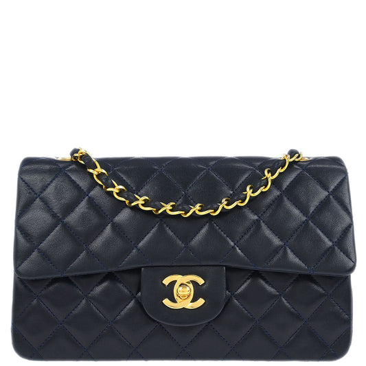 Chanel 1989-1991 Navy Lambskin Small Classic Double Flap Shoulder Bag