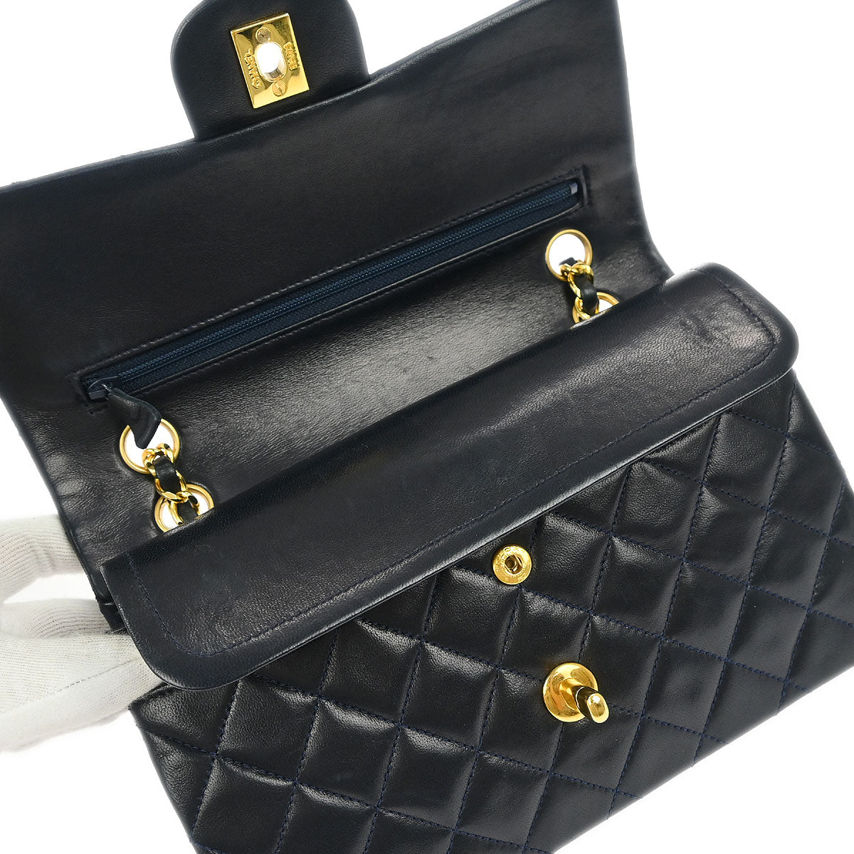 Chanel 1989-1991 Navy Lambskin Small Classic Double Flap Shoulder Bag