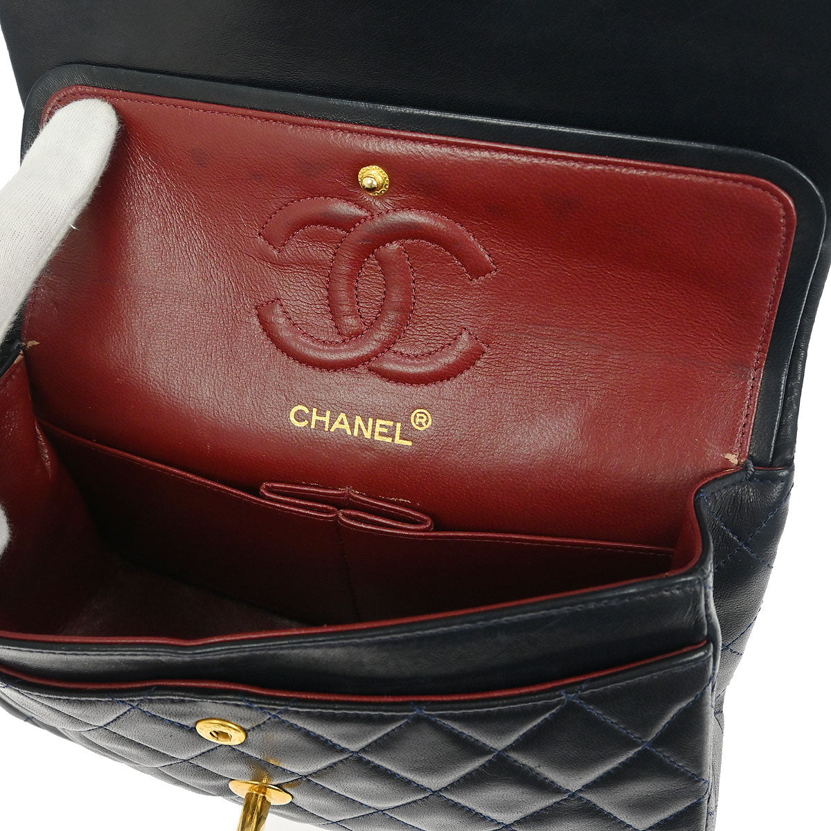 Chanel 1989-1991 Navy Lambskin Small Classic Double Flap Shoulder Bag