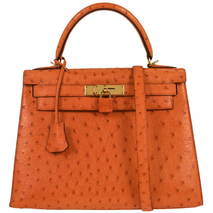 Hermes * Orange Ostrich Kelly 28 Sellier 2way Shoulder Handbag