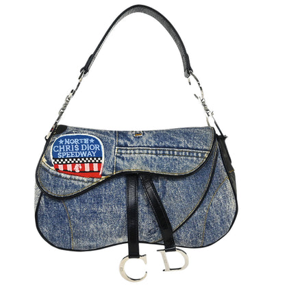 Christian Dior Blue Canvas Denim Print Double Saddle Handbag