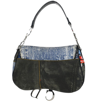 Christian Dior Blue Canvas Denim Print Double Saddle Handbag