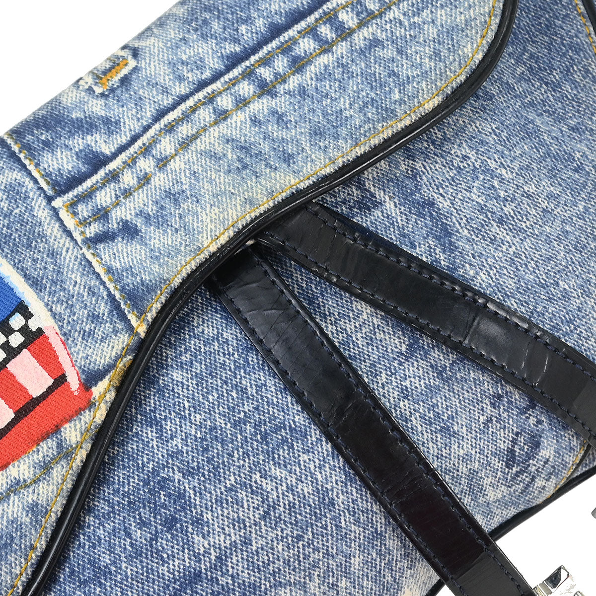 Christian Dior Blue Canvas Denim Print Double Saddle Handbag