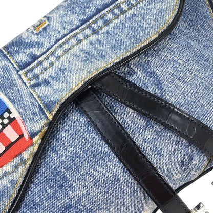 Christian Dior Blue Canvas Denim Print Double Saddle Handbag