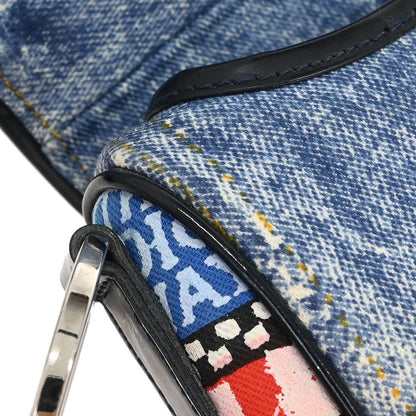 Christian Dior Blue Canvas Denim Print Double Saddle Handbag