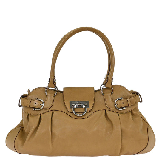 Salvatore Ferragamo Beige Leather Gancini Handbag
