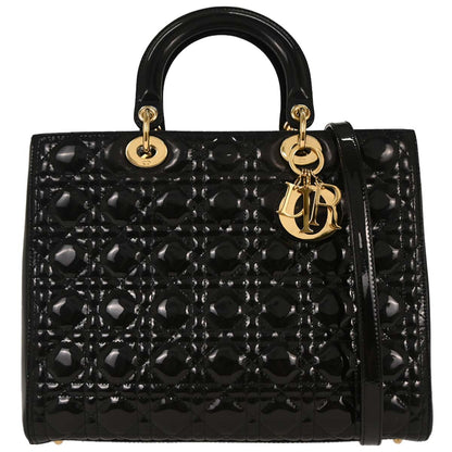 Christian Dior Black Patent Leather Large Lady Dior 2way Shoulder Handbag