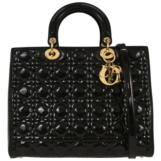 Christian Dior Black Patent Leather Large Lady Dior 2way Shoulder Handbag