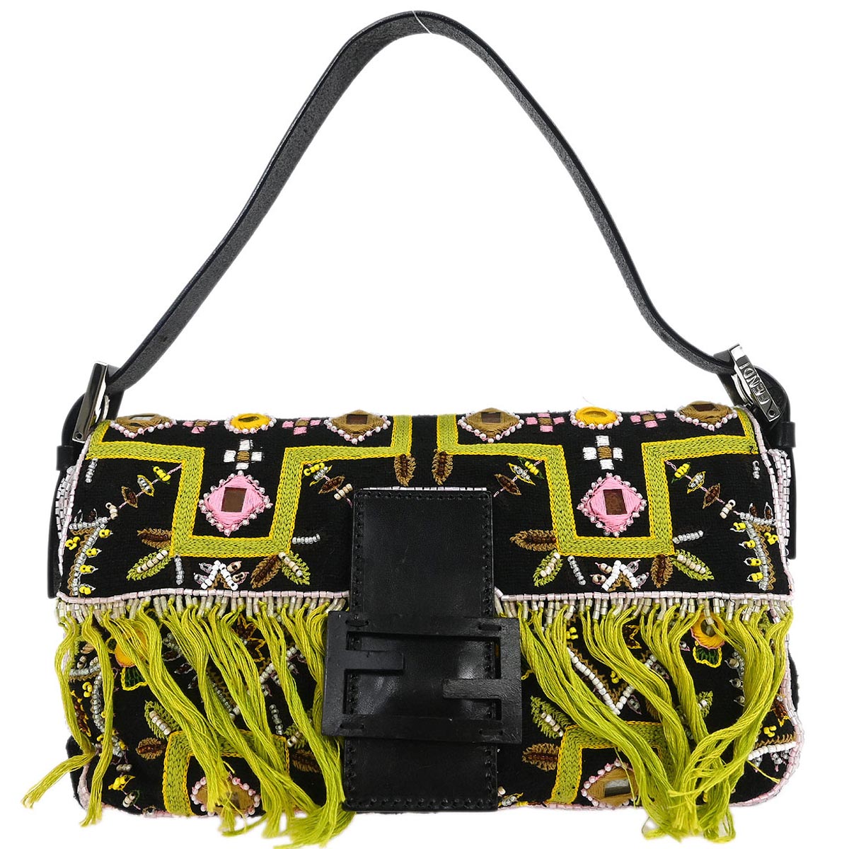 Fendi Black Cotton Beaded Embroidered Baguette Handbag