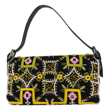 Fendi Black Cotton Beaded Embroidered Baguette Handbag