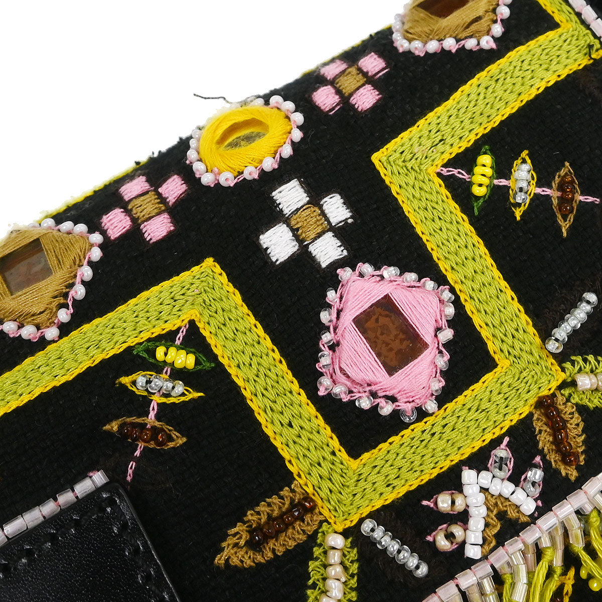 Fendi Black Cotton Beaded Embroidered Baguette Handbag