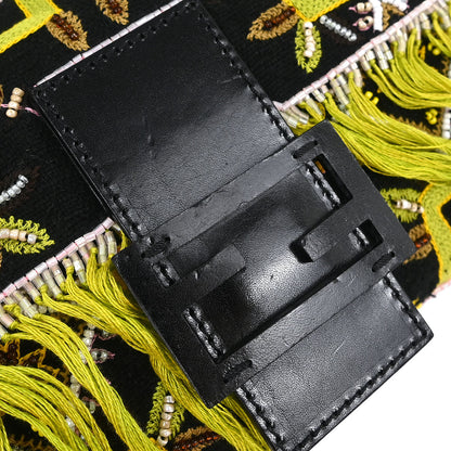 Fendi Black Cotton Beaded Embroidered Baguette Handbag