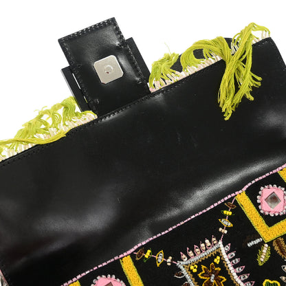 Fendi Black Cotton Beaded Embroidered Baguette Handbag