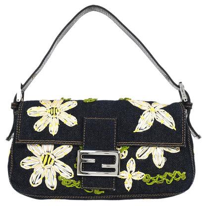 Fendi Navy Denim Flower Embroidered Baguette Handbag