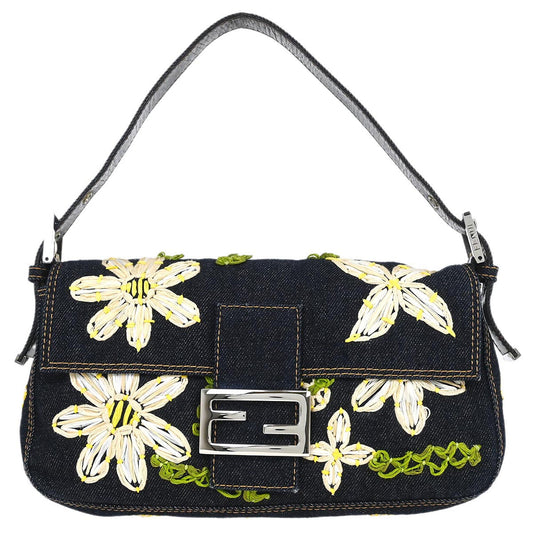 Fendi Navy Denim Flower Embroidered Baguette Handbag