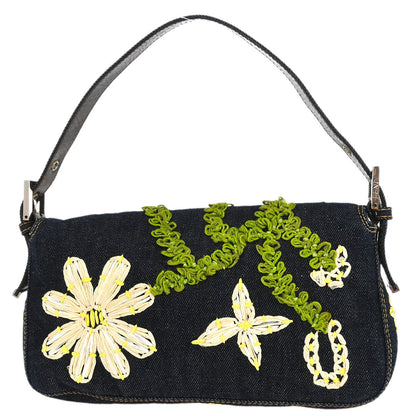 Fendi Navy Denim Flower Embroidered Baguette Handbag