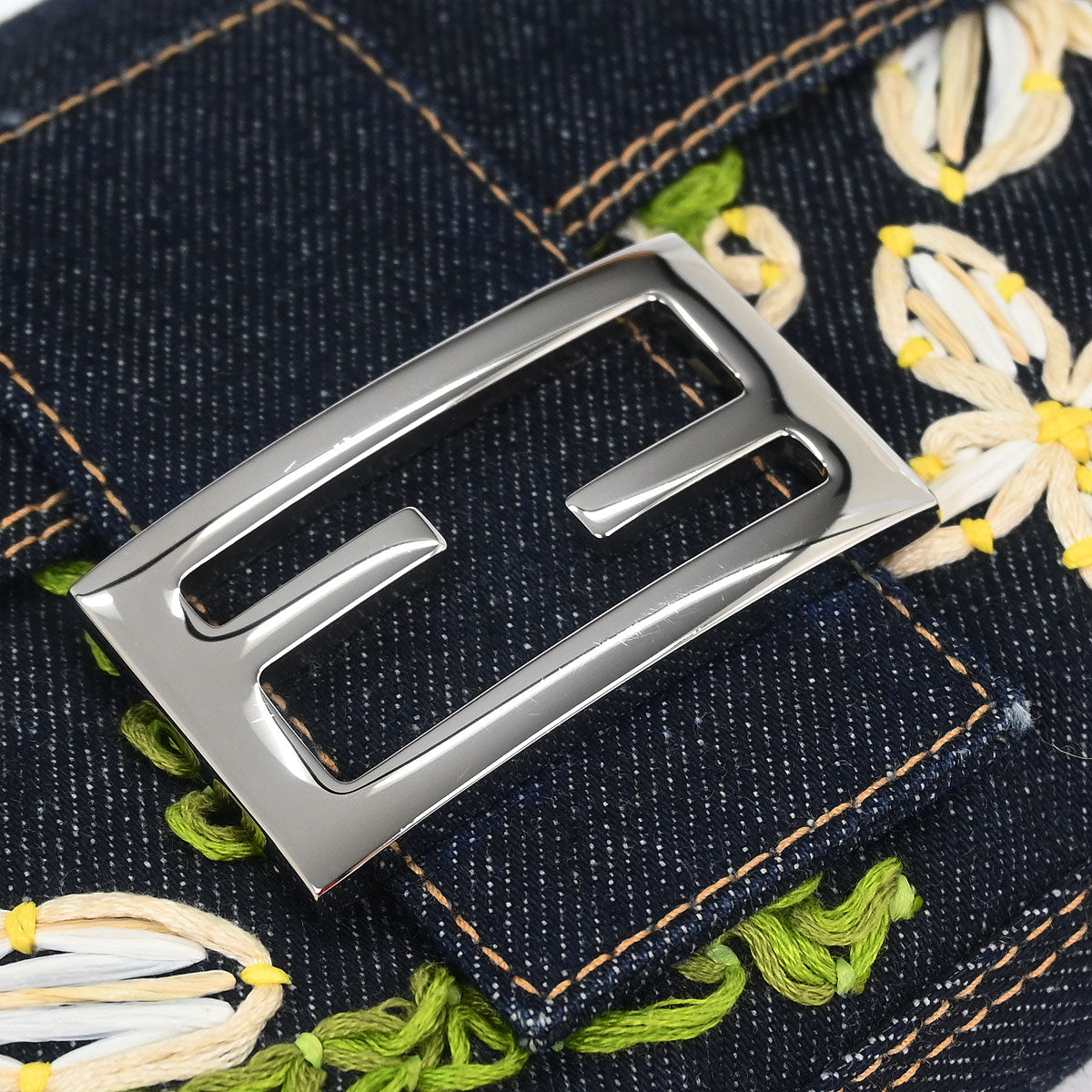 Fendi Navy Denim Flower Embroidered Baguette Handbag