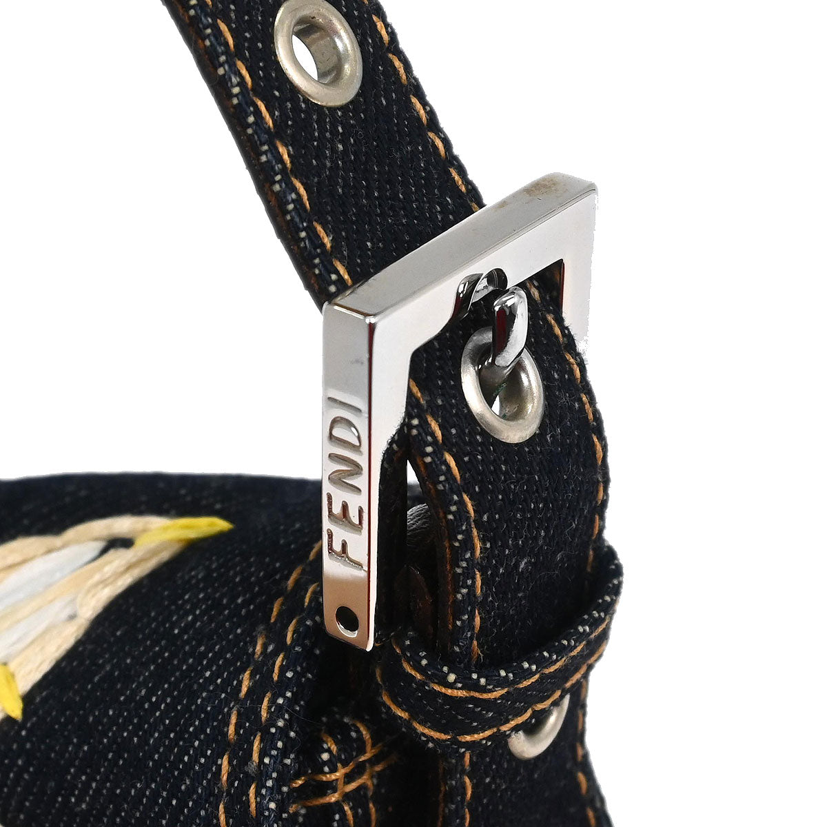 Fendi Navy Denim Flower Embroidered Baguette Handbag