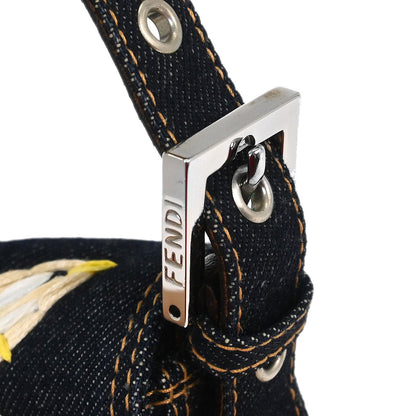 Fendi Navy Denim Flower Embroidered Baguette Handbag