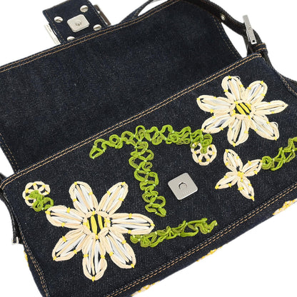 Fendi Navy Denim Flower Embroidered Baguette Handbag