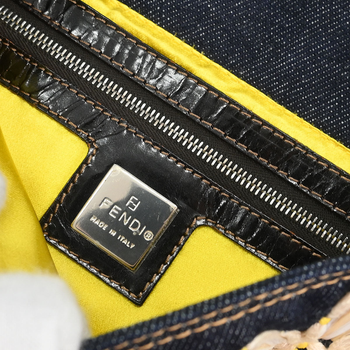 Fendi Navy Denim Flower Embroidered Baguette Handbag