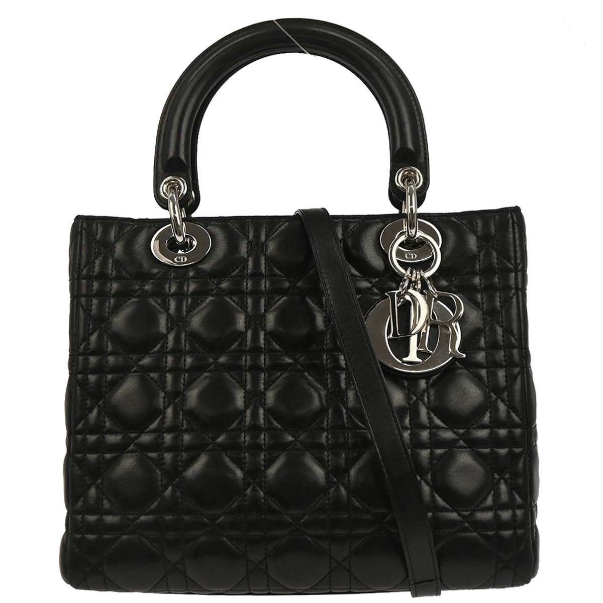 Christian Dior Black Lambskin Medium Lady Dior Cannage 2way Shoulder Handbag