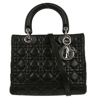 Christian Dior Black Lambskin Medium Lady Dior Cannage 2way Shoulder Handbag
