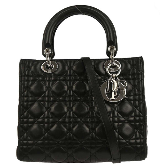 Christian Dior Black Lambskin Medium Lady Dior Cannage 2way Shoulder Handbag
